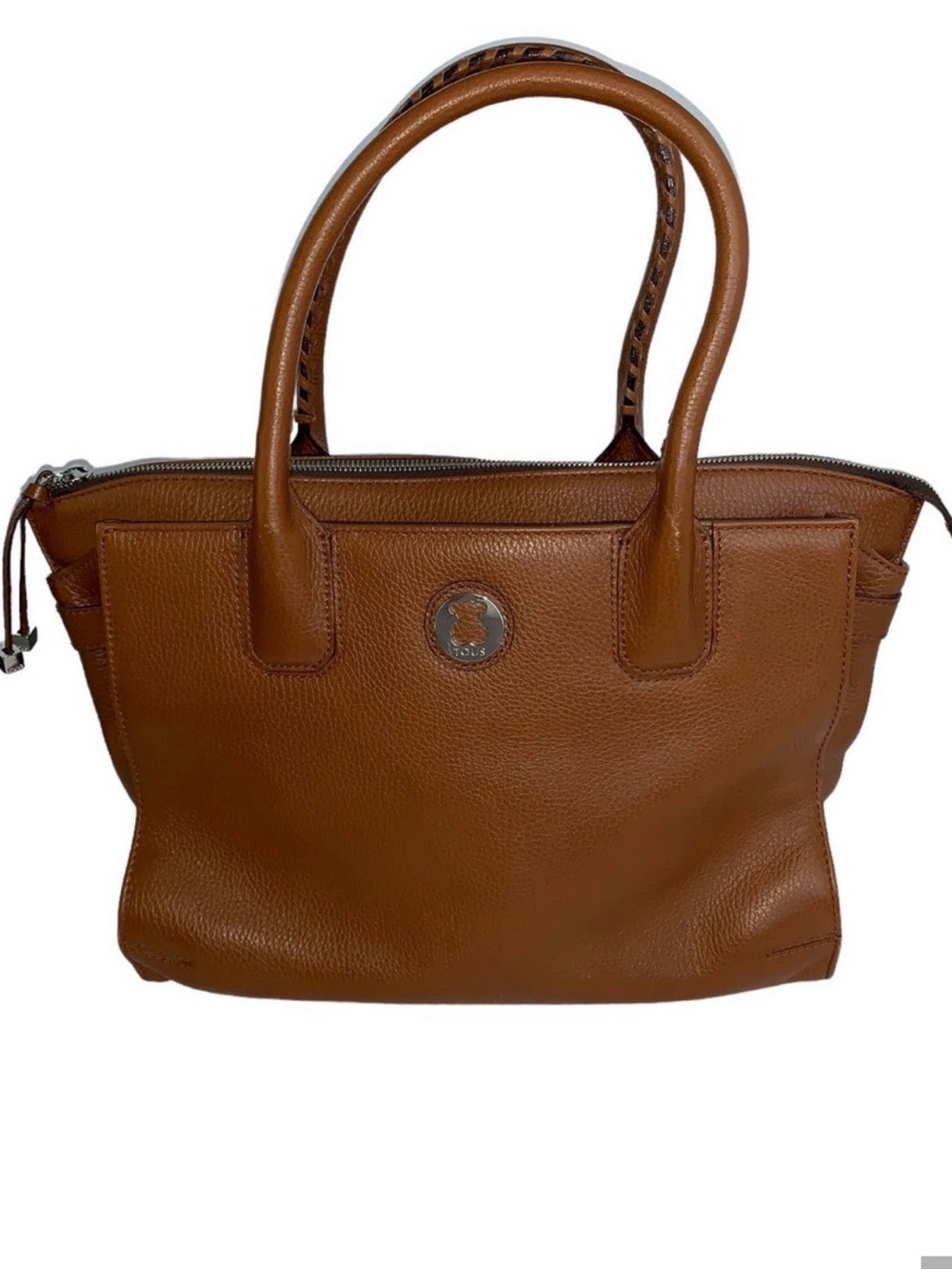 TOUS Rose Collection City Bag Brown Pebbled Leather Satchel
Whipstitch Handles